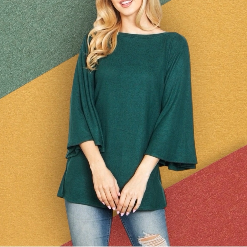 Perfect Peach Boutique Boat Neck Flare Sleeve Brushed Knit Top S Forest Green
